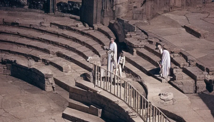 Prompt: 1 9 6 0 s movie still of caligula stabbed by senators on the ancient amphitheater's stairs, cinestill 8 0 0 t 3 5 mm, high quality, heavy grain, high detail, dramatic light, ultra wide lens, anamorphic