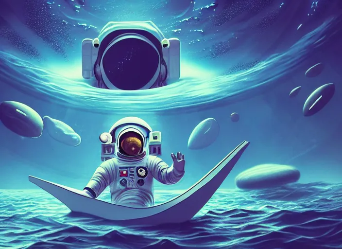 Prompt: a dreamlike scene of an astronaut swimming through the ocean surrounded by aliens, masterpiece, illustration, perfect, trending on pixiv, trending on artstation