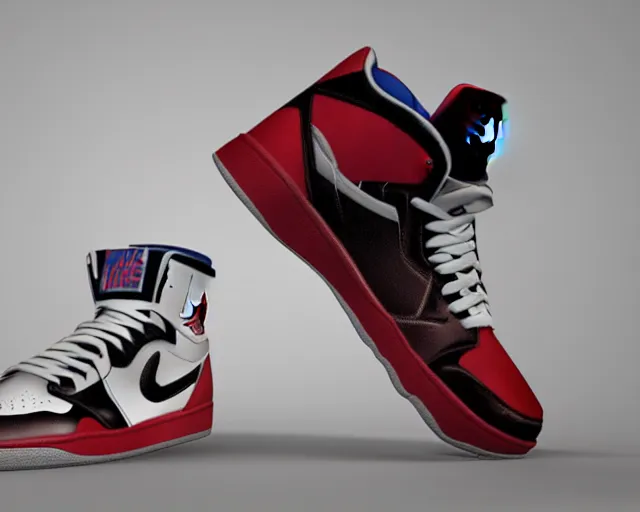 Image similar to 3D render of mid height air jordan sneakers the design of the joker, cinematic, studio lighting, award winning