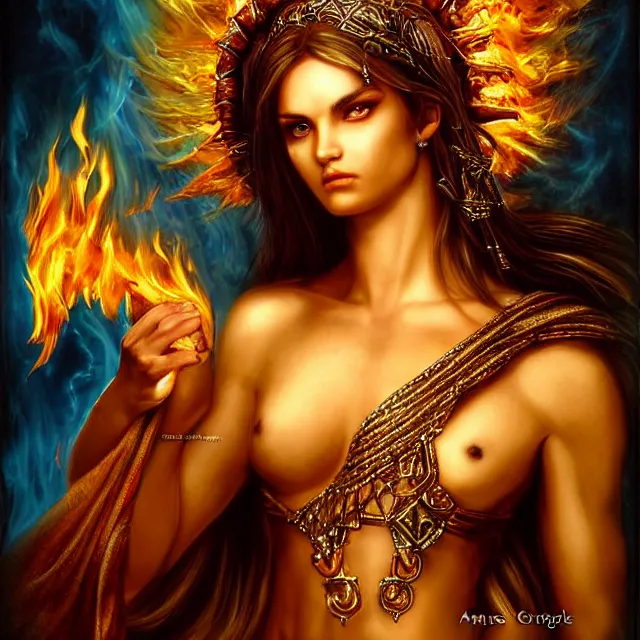 Image similar to perfectly centered close up portrait, goddess of fire, perfect human female specimen, candid photography, by anne stokes, highly detailed