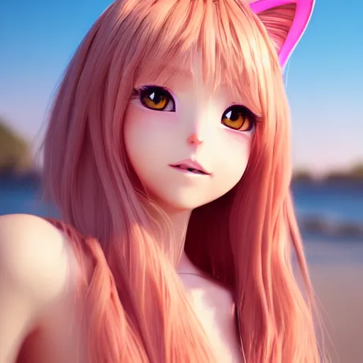 Image similar to Render of a beautiful 3d anime cat, long pink hair, hazel eyes, cute freckles, full round face, soft smile, cute sundress, golden hour, serene beach setting, medium shot, mid-shot, hyperdetailed, trending on Artstation, Unreal Engine 4k