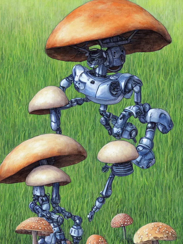 Image similar to hyper-realistic portrait painting of a rustic robot sitting under a tree, mushroom, in the style of Studio Ghibli, by Hayao Miyazaki, high quality, detailed, 8k, amazing, single robot