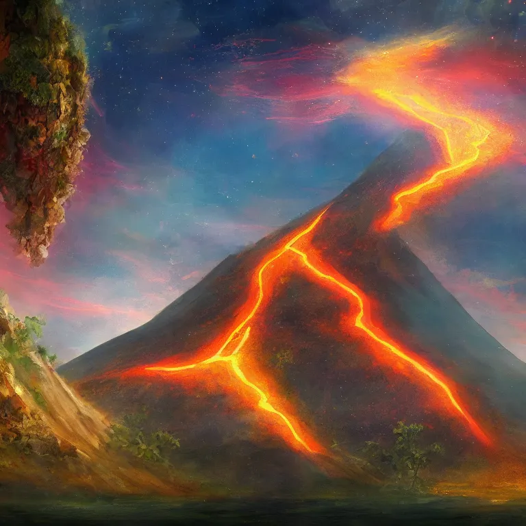 Image similar to a painting of a volcano from which come out flowers and stars exotic plants, all this happens in some kind of fantasy world, almost like in the sky or all in the amazing outdoors view, long exposure, 8 k resolution, trending on artstation