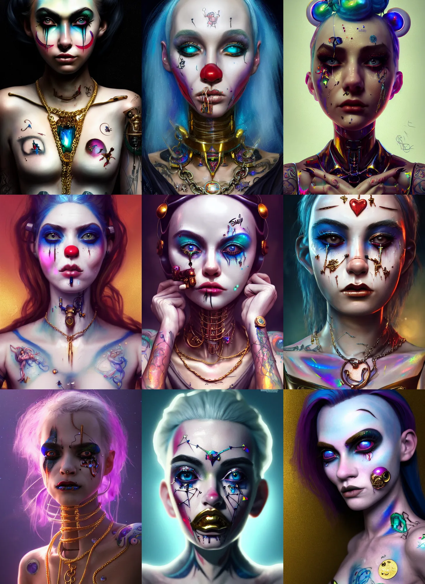 Prompt: disney 8 k photo, stunning shiny sweaty porcelain rich grand iridescent emo edc chained clowncore cyborg college ig model, face tattoos, golden ratio details, sci fi, fantasy, cyberpunk, intricate, decadent, highly detailed, digital painting, octane render, artstation, concept art, smooth, sharp focus, illustration, art by loish, wlop