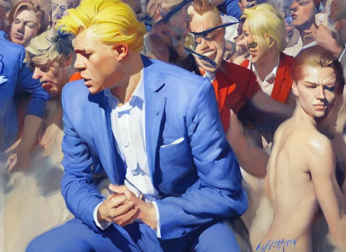 Image similar to greg manchess portrait of a blond man in a blue suit wounded surrounded by a crowd, organic painting, sunny day, matte painting, bold shapes, hard edges, street art, trending on artstation, by huang guangjian, gil elvgren, ruan jia, randy vargas, greg rutkowski