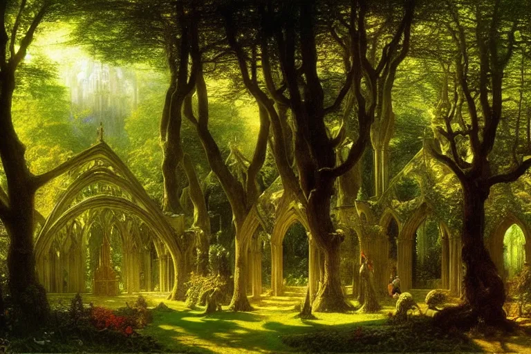 Prompt: a beautiful and highly detailed photo painting of an elven cathedral in a beautiful garden in a mystical forest, by caspar friedrich, albert bierstadt, james gurney, brian froud,