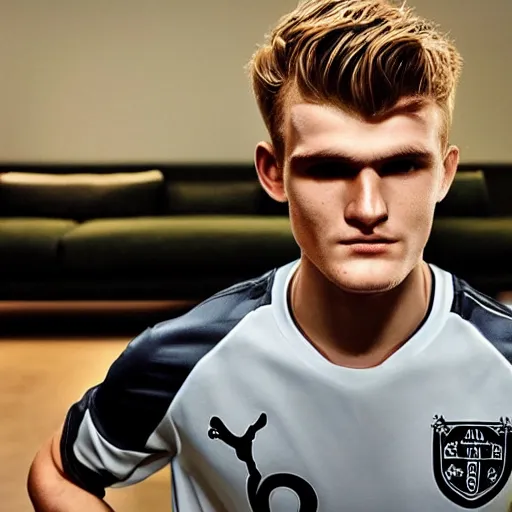 Image similar to a realistic detailed photo of a guy who is an attractive humanoid who is half robot and half humanoid, who is a male android, soccer players martin ødegaard & timo werner, shiny skin, posing like a statue, blank stare, in a living room, on display, showing off his muscles, gold soccer shorts, side view