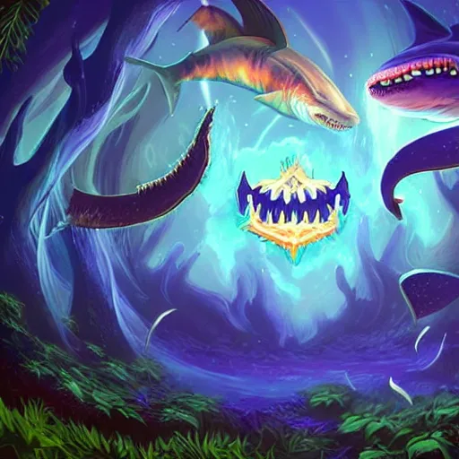 Image similar to 🦈 🐊 🐈 , fantasy digital art, magical background in the style of hearthstone artwork