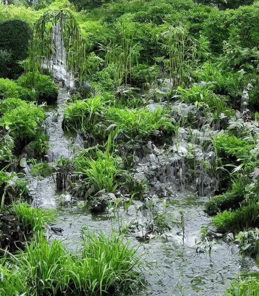 Prompt: a garden, in which there is a flowing water sculpture made of bamboo, garden landscape and symmetrical landscape ， by andre le notre ， trending ，