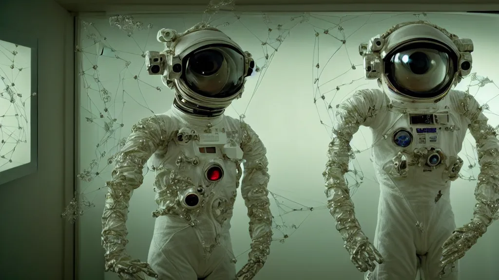 Image similar to a cybernetic symbiosis of a single astronaut eva suit with diamond 3d fractal lace iridescent bubble 3d skin covered with insectoid compound eye camera lenses floats through the living room, film still from the movie directed by Denis Villeneuve with art direction by Salvador Dalí, wide lens,