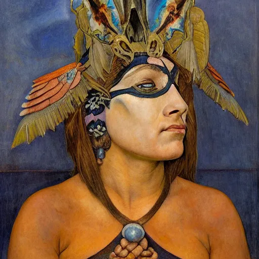 Prompt: the hawk queen in her butterfly mask, by annie swynnerton and diego rivera and elihu vedder and lucien freud and jean delville, symbolist, dramatic lighting, elaborate geometric ornament, head and shoulders view, art brut, soft cool colors, smooth, sharp focus, extremely detailed, adolf wolfli, leo and diane dillon, nicholas roerich