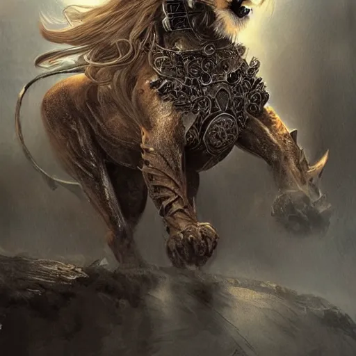 Image similar to full figure ultra realistic illustration, cersei lannister wearing battle armor and riding a lion, intricate, elegant, highly detailed, digital painting, artstation, concept art, smooth, sharp focus, illustration, art by artgerm and greg rutkowski and alphonse mucha
