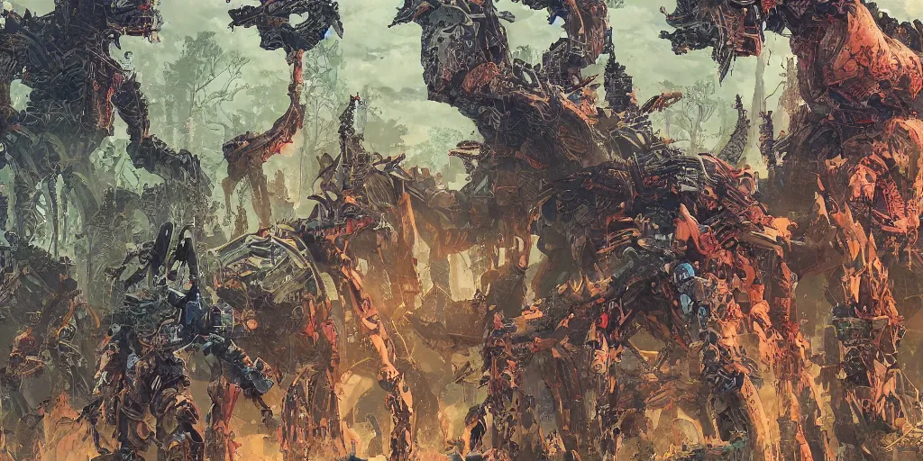 Prompt: a close - up grainy risograph, painting of a scene from horizon zero dawn + hyper light drigter, machine monsters, mechas, dense forest, by moebius and kim jung gi and satoshi kon