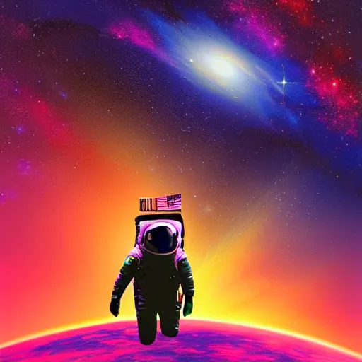 Image similar to An astronaut floating alone in space with a colorful complex galaxy in the background, digital art