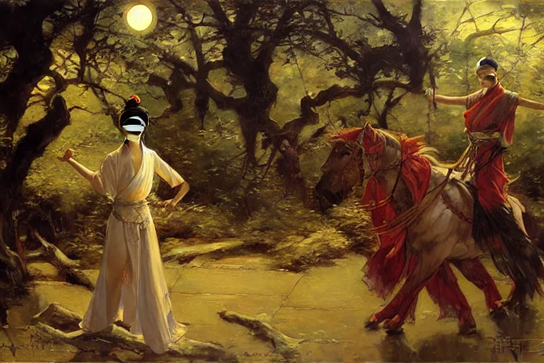 Image similar to wuxia, forest, moonlight, painting by gaston bussiere, craig mullins, j. c. leyendecker