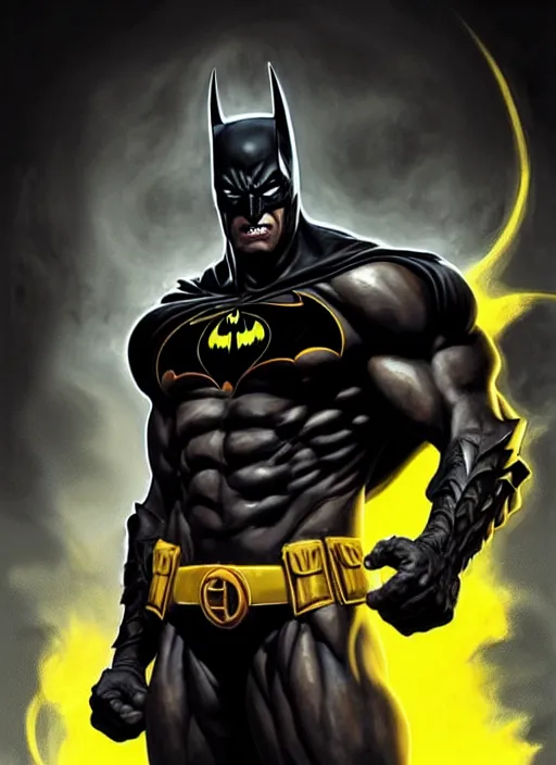 Image similar to portrait of aggressive demonic damned batman, d & d, muscular! athetic slim bodybuilder, yellow and black color scheme, futuristic, sci fi, dynamic pose, fantasy, intricate, elegant, highly detailed, digital painting, artstation, concept art, smooth, sharp focus, illustration, art by artgerm and greg rutkowski and alphonse mucha