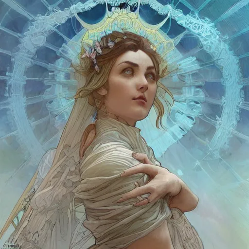 Image similar to a stairway to heaven that is collapsing, art by artgerm and greg rutkowski and alphonse mucha, elegant, intricate, highly detailed, digital painting, artstation, concept art, sharp focus, illustration, 8 k