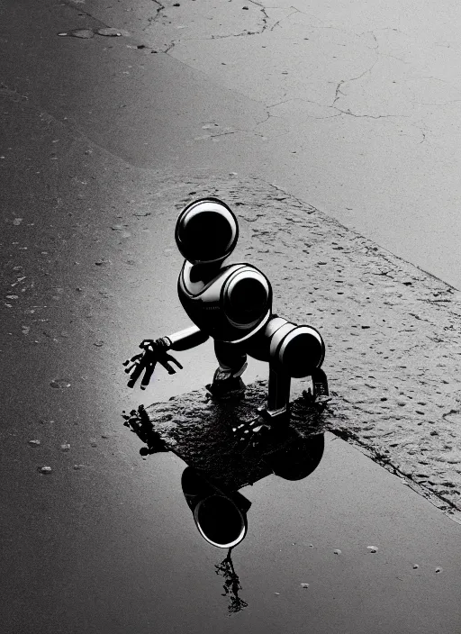 Image similar to a very detailed robot, bent over the reflection in a puddle, black and white, manga, perfectly face, highly detailed, masterpiece, artstation, golden ratio, soft light, perfect intricate highly detailed, detailed, painting by jemes jean, digital lines, 8 k