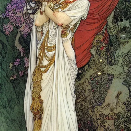 Image similar to beautiful ishtar goddess in long flowy dress, porcelain skin by rebecca guay and mucha