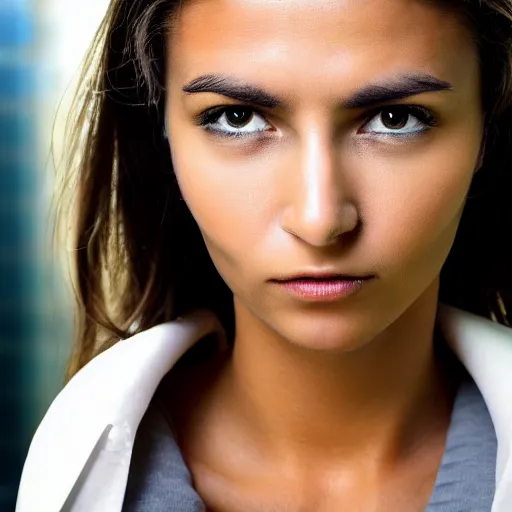 Image similar to amazonian woman, closeup, stoic, realistic, high resolution, in office building
