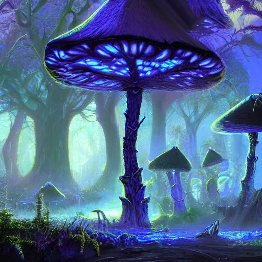 Image similar to concept art detailed painting of a dark purple fantasy fungal town made of mushrooms, with glowing blue lights, in the style of albert bierstadt