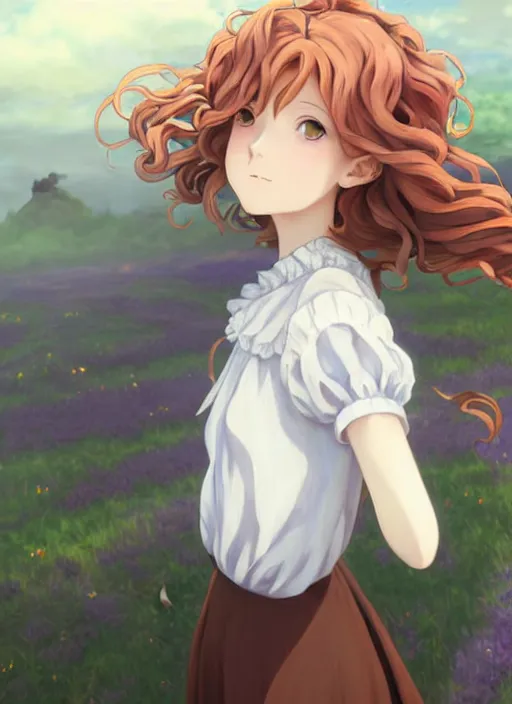 Image similar to Painting of a cottagecore witch with curly strawberry hair in the style of Violet Evergarden, beautiful anime art style, winged eyelashes, countryside, calm, fantasy character portrait, dark outlines, dynamic pose, above view, sunny day, artwork by Makoto Shinkai, very coherent asymmetrical artwork, sharp edges, perfect face, simple form, 100mm