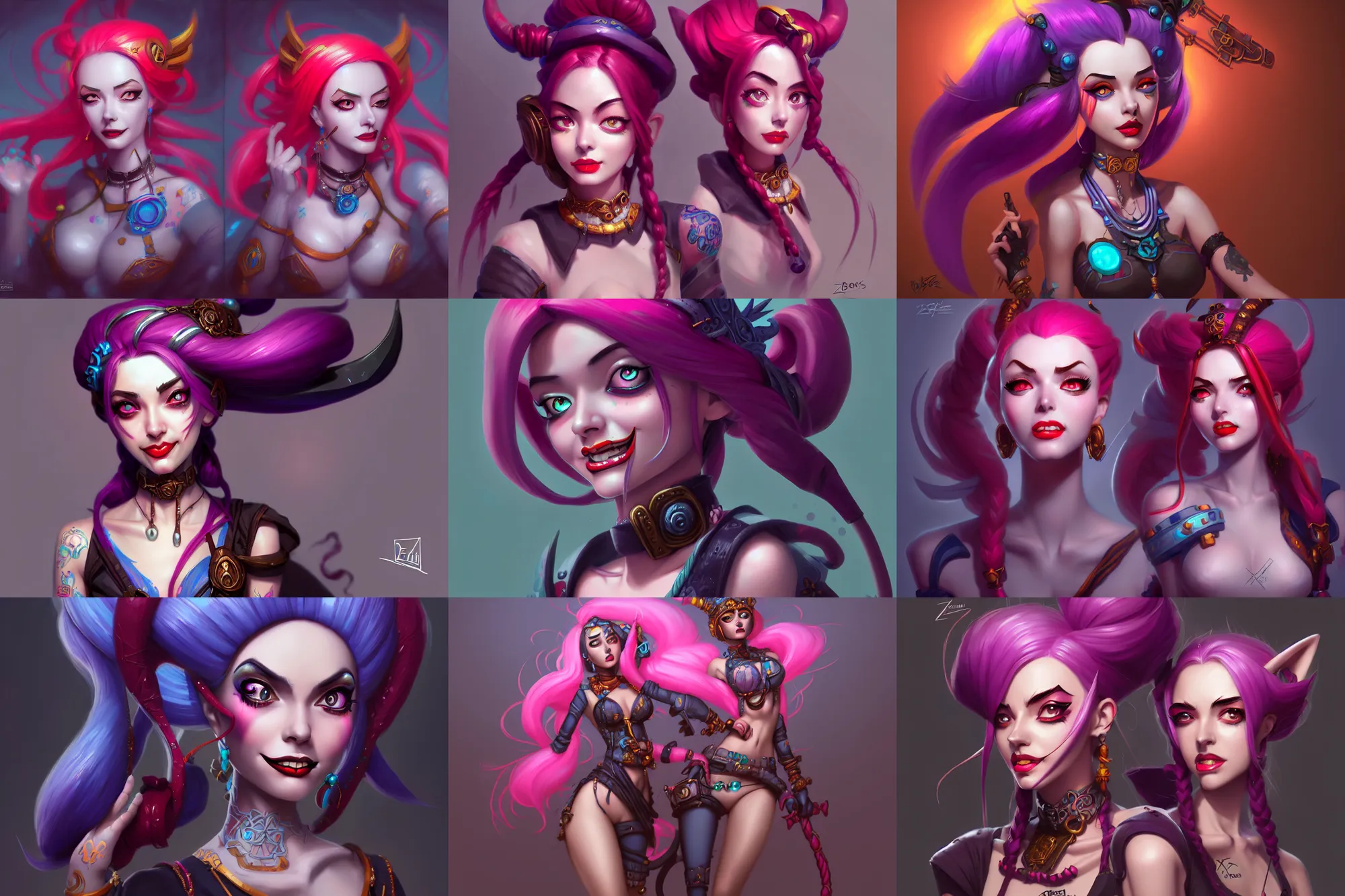 Image similar to Jinx detailed digital art, digital painting, concept art, artstation, illustration, 2d, arcane, pixiv, ornate, intrinsic, zaun, by Alex Flores, by Zeronis, by Bo Chen