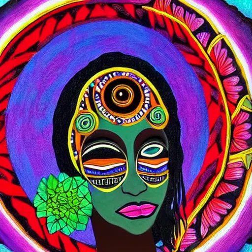 Image similar to Art in the style of Octavia Ocampo, Gaia, Mother Earth, side portrait, tribal mask inside mask, afrocentric mysticism