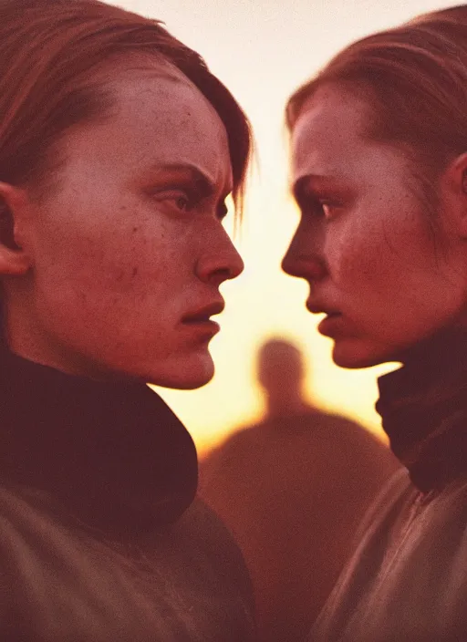 Prompt: cinestill 5 0 d 3 5 mm photographic portrait of two loving female androids wearing rugged black techwear on a desolate plain with a red sky, extreme closeup, lizard on ground, cyberpunk style, a brutalist dark metal facility in background, dust storm, 8 k, high resolution, f / 3. 2, ultra realistic faces