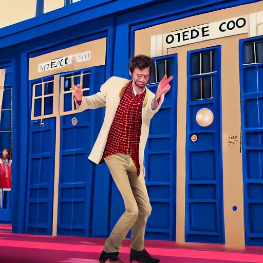 Prompt: the David Tennant as Doctor Who at a polka dancing contest at the YMCA basketball gym, everyone in the background clapping including a Dalek, in the background the Tardis door is wide open, high energy, polka, cgsociety, artstation, UE5, 8K, 4K, HQ