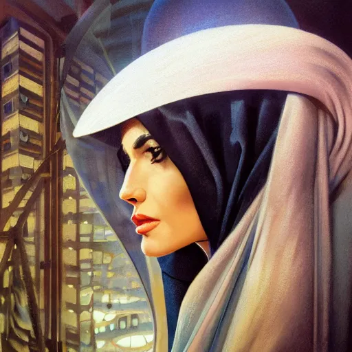 Image similar to detailed face of an arabic woman, clockwork, moment, tectonic sky, skydome, bullet train, turbines, utopian, tech noir, wet reflections, prism, atmospheric, ambient, pj crook, syd mead, livia prima, artgerm, greg rutkowski, nick alm, casey baugh