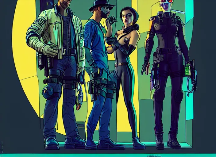 Prompt: cyberpunk police detectives. portrait by stonehouse and mœbius and will eisner and gil elvgren and pixar. character design. realistic proportions. cyberpunk 2 0 7 7 character art, blade runner 2 0 4 9 concept art. cel shading. attractive face. thick lines. the team. diverse characters. shadowrun.