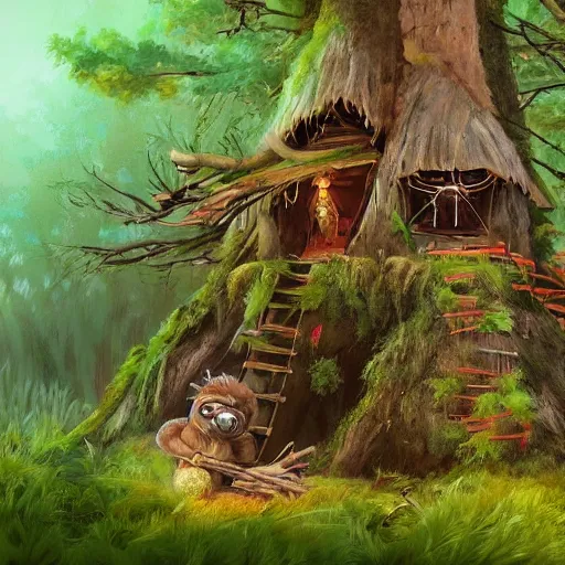 Image similar to a humble ewok building a treehouse from sticks and leaves in the forest, artstation, colorful