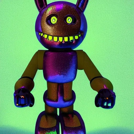 Prompt: a man inside a Spring Bonnie animatronic, starting out as green, glitching code with purple eyes, and slowly becoming more solid