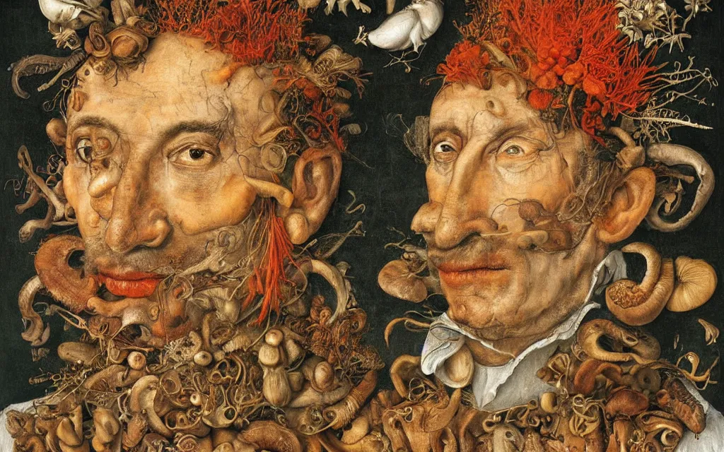 Prompt: giuseppe arcimboldo's portrait of captain jacques - yves cousteau made out of mushrooms fishes