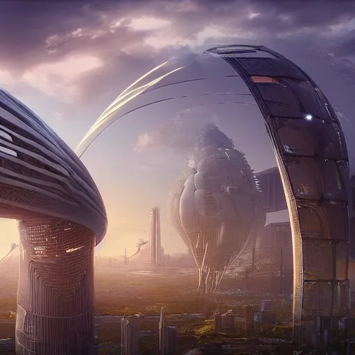 Image similar to bio-futurism, utopian city,differential growth,city panorama,beautiful sunset,panoramic,boris vallejo,luis royo,michael whelan,photorealistic,unreal engine 5,octane render,detailed