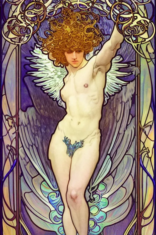 Image similar to full figure art nouveau window depicting a male angel with curly blond hairs, dressed with fluent clothes, majestic wings, luminous halo, by alfons mucha, d & d character, gradient white to gold, in front of an iridescent background, highly detailed portrait, digital painting, artstation, concept art, smooth, sharp focus, illustration, artstation hq