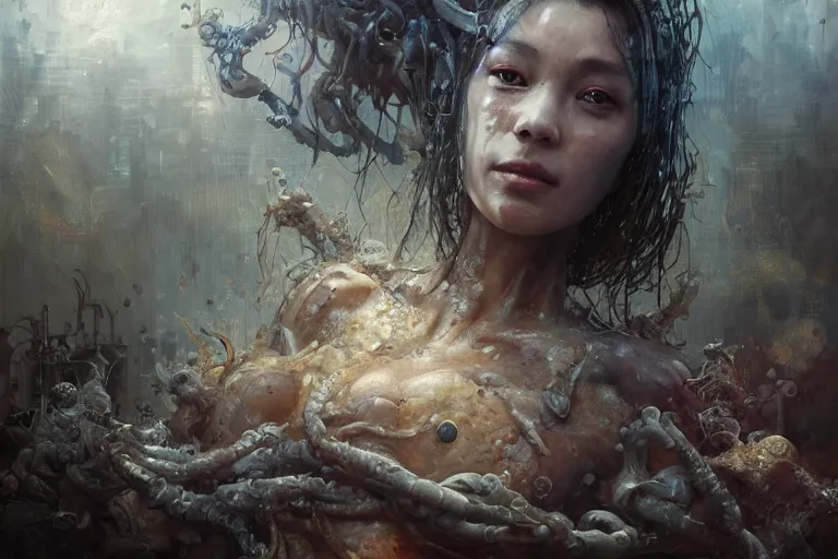 Prompt: realistic biopunk body, oil on canvas, intricate, portrait, 8k highly professionally detailed, HDR, CGsociety, illustration painting by Mandy Jurgens and Małgorzata Kmiec and Dang My Linh and Lulu Chen and Alexis Franklin and Filip Hodas and Pascal Blanché and Bastien Lecouffe Deharme, detailed intricate ink illustration, heavenly atmosphere, detailed illustration, hd, 4k, digital art, overdetailed art, concept art, complementing colors, trending on artstation, Cgstudio, the most beautiful image ever created, dramatic, subtle details, illustration painting by alphonse mucha and frank frazetta daarken, vibrant colors, 8K, style by Wes Anderson, award winning artwork, high quality printing, fine art, gold elements, intricate, epic lighting, very very very very beautiful scenery, 8k resolution, digital painting, sharp focus, professional art, atmospheric environment, art by artgerm and greg rutkowski, by simon stålenhag, rendered by Beeple, by Makoto Shinkai, syd meade, 8k ultra hd, artstationHD, 3d render, hyper detailed, elegant, by craig mullins and marc simonetti, Ross Tran and WLOP, by Andrew Wyeth and Gerald Brom, John singer Sargent and James gurney