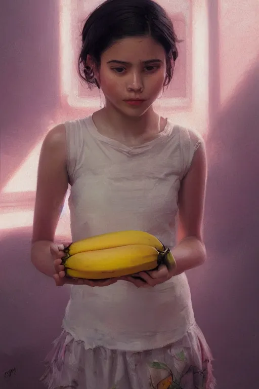 Image similar to portrait of mexican girl with a banana fruit skirt, staring directly into camera, intricate, elegant, glowing lights, highly detailed, digital painting, artstation, sharp focus, illustration, art by wlop, mars ravelo and greg rutkowski