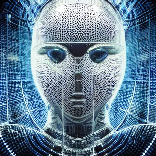 Image similar to an insanely detailed cibernetic artwork of a futuristic artificial intelligence superstar, extremely detailed water texture, centered image, perfectly symmetrical alien face, with frames made of detailed fractals, octane render, 4k, insanely detailed, detailed grid as background, photorealistic digital art, hyper realism, high detail, cgi