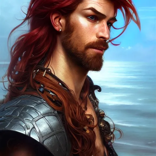 Image similar to portrait of a young ruggedly handsome but charming pirate, male, masculine, upper body, red hair, long hair, d & d, fantasy, intricate, elegant, highly detailed, digital painting, artstation, concept art, matte, sharp focus, illustration, art by artgerm and greg rutkowski and alphonse mucha