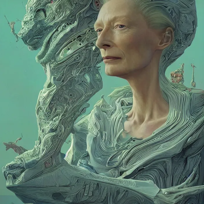 Prompt: tilda swinton, science fiction, extremely detailed, sharp focus, pastel colors, intricate, beautiful, illustration, volumetric lighting, digital painting, by roger dean, by simon stalenhag, by alex grey