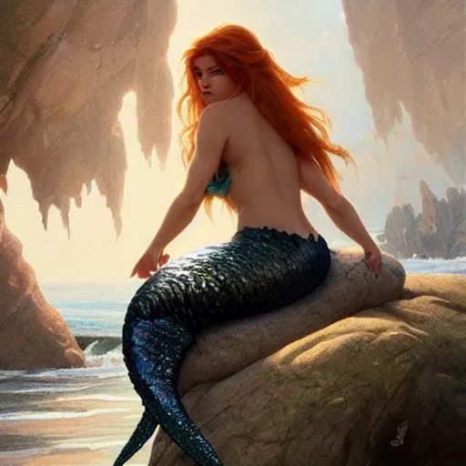 Image similar to mermaid siting on a rock, her hair is flowing down, highly detailed, digital painting, artstation, concept art, sharp focus, illustration, art by artgerm and greg rutkowski and alphonse mucha