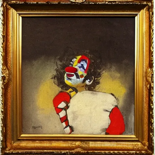 Prompt: an oil painting of a clown watching soccer on tv, goya, dark,