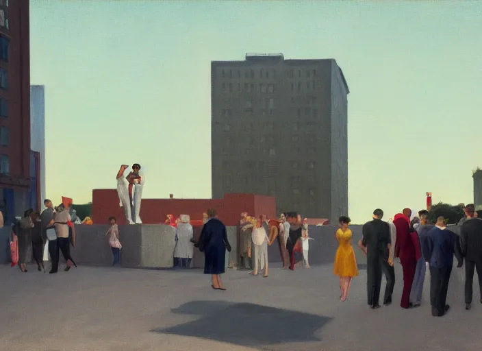 Prompt: crowd of tired working citizens carrying their daily routines on the backdrop of missiles exploding residential buildings, DSLR 35mm, by Edward Hopper