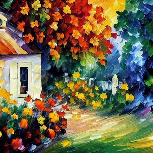 Prompt: a cottage with a garden, leonid afremov