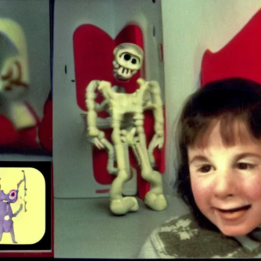 Image similar to vhs footage of a terrifying liminal space and a super creepy toy