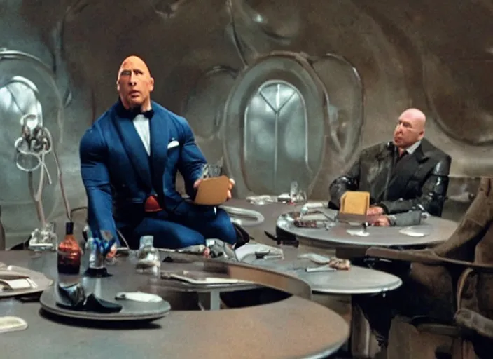 Image similar to film still of Dwayne Johnson as Doctor Evil sitting at the round metal table from Austin Powers