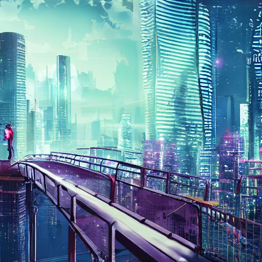 Image similar to a man standing on top of a bridge over a city, cyberpunk art by Vincent Lefevre, behance contest winner, altermodern, cityscape, synthwave, matte painting