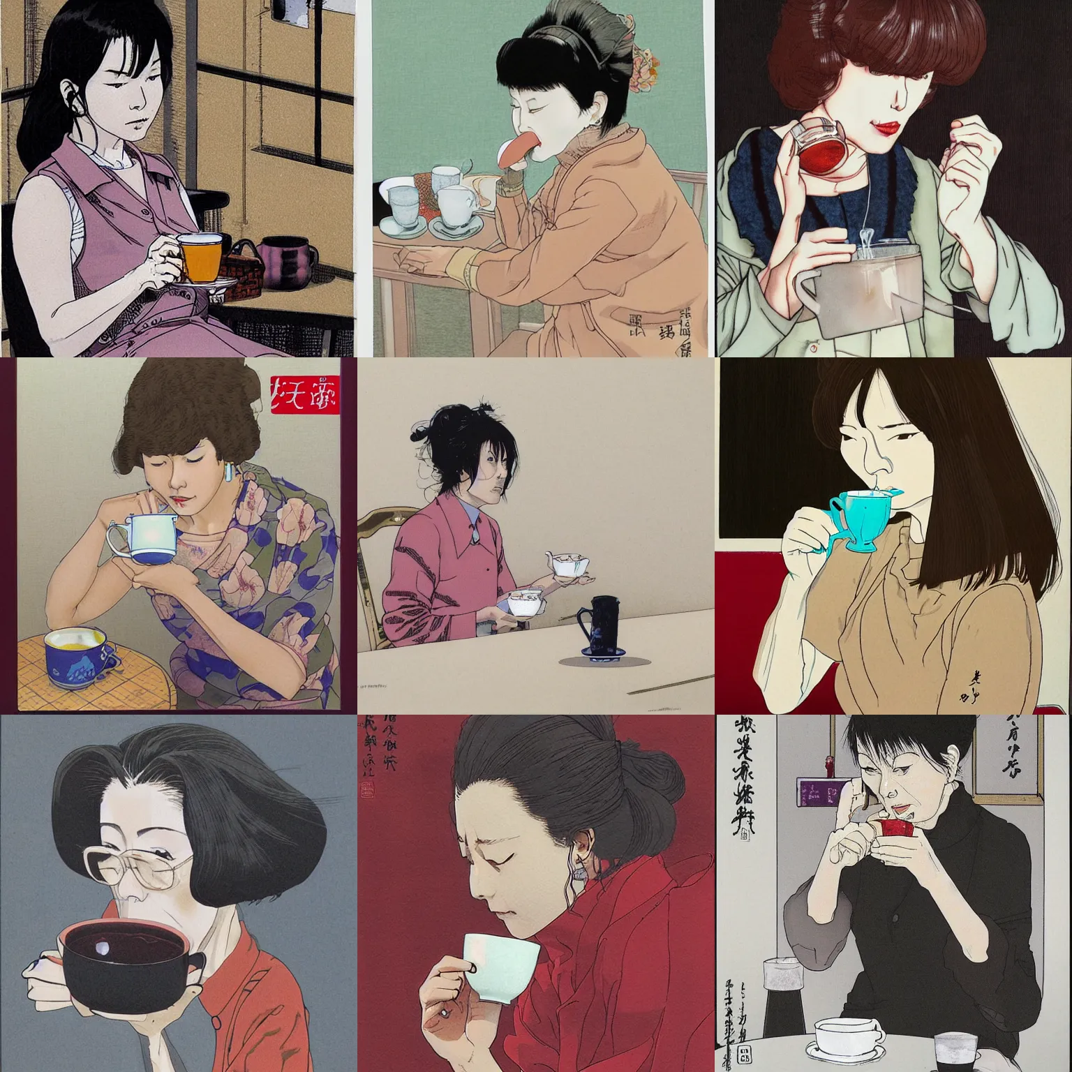 Prompt: A woman drinking tea, by Katsuhiro Otomo